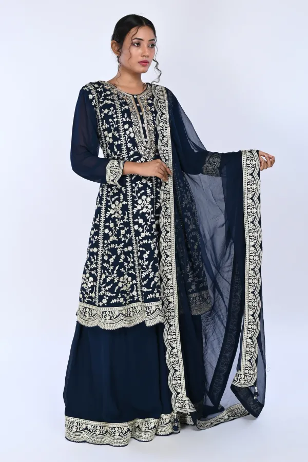Navy Paplom Suit With Skirt
